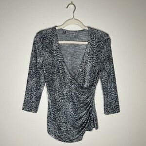 Jennifer Lopez Womens Size XS Sheer Knit Animal‎ Print Faux Wrap Blouse
